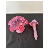 Fenton Art Glass Cranberry Opalescent Swirl Epergne Vase