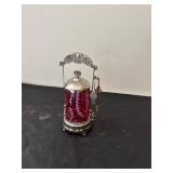 Antique Victorian Silverplate and Cranberry Glass Pickle Castor
