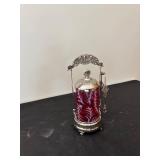 Antique Victorian Silverplate and Cranberry Glass Pickle Castor
