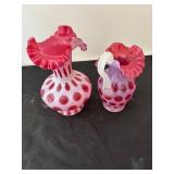 Pair of Vintage Fenton Cranberry Opalescent Hobnail Glass Pitchers