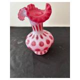 Pair of Vintage Fenton Cranberry Opalescent Hobnail Glass Pitchers