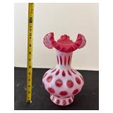 Pair of Vintage Fenton Cranberry Opalescent Hobnail Glass Pitchers