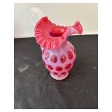 Pair of Vintage Fenton Cranberry Opalescent Hobnail Glass Pitchers