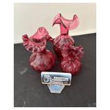 Set of 3 Fenton Cranberry Glass Vases with Original Display Sign