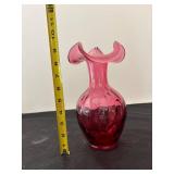 Set of 3 Fenton Cranberry Glass Vases with Original Display Sign