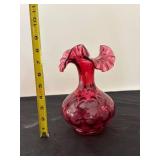 Set of 3 Fenton Cranberry Glass Vases with Original Display Sign