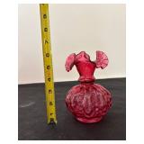Set of 3 Fenton Cranberry Glass Vases with Original Display Sign