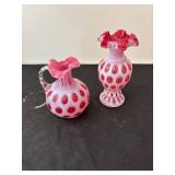 Pair of Vintage Fenton Cranberry Opalescent Coin Dot Vases