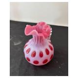 Pair of Vintage Fenton Cranberry Opalescent Coin Dot Vases