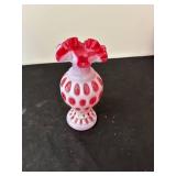 Pair of Vintage Fenton Cranberry Opalescent Coin Dot Vases