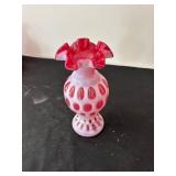 Pair of Vintage Fenton Cranberry Opalescent Coin Dot Vases