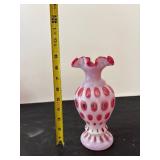 Pair of Vintage Fenton Cranberry Opalescent Coin Dot Vases