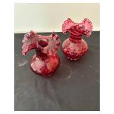 Pair of Vintage Red Glass Hobnail Ruffled Vases