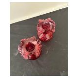 Pair of Vintage Red Glass Hobnail Ruffled Vases