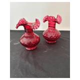 Pair of Vintage Red Glass Hobnail Ruffled Vases
