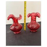 Pair of Vintage Red Glass Hobnail Ruffled Vases