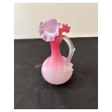 Vintage Pink Glass Ewer with Ruffled Rim