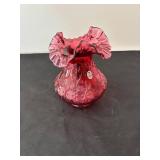 Fenton Cranberry Opalescent Vase with Ruffled Rim