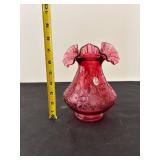 Fenton Cranberry Opalescent Vase with Ruffled Rim
