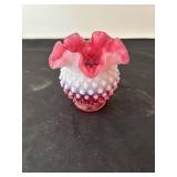 Set of 2 Vintage Cranberry Opalescent Hobnail Glass Vases