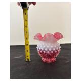 Set of 2 Vintage Cranberry Opalescent Hobnail Glass Vases