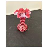 Set of 2 Vintage Cranberry Opalescent Hobnail Glass Vases