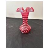 Set of 2 Vintage Cranberry Opalescent Hobnail Glass Vases