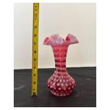 Set of 2 Vintage Cranberry Opalescent Hobnail Glass Vases