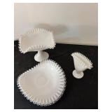 Set of 3 Milk Glass Compote and Candy Dishes with Silvercrest Ruffled Edge