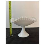 Set of 3 Milk Glass Compote and Candy Dishes with Silvercrest Ruffled Edge