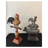 Set of Two Rustic Farm Animal Sculptures - Rooster on Pedestal and Animal Stack