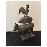 Set of Two Rustic Farm Animal Sculptures - Rooster on Pedestal and Animal Stack