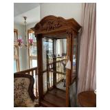 Antique Oak Wood Curio Cabinet with Glass Doors and Interior Lighting