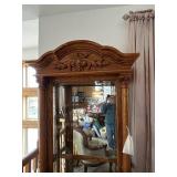 Antique Oak Wood Curio Cabinet with Glass Doors and Interior Lighting