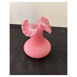 Pair of Pink Fenton Type Frosted or Satin Glass Vases with Ruffled Rims