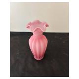 Pair of Pink Fenton Type Frosted or Satin Glass Vases with Ruffled Rims