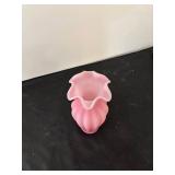 Pair of Pink Fenton Type Frosted or Satin Glass Vases with Ruffled Rims