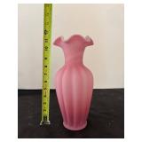 Pair of Pink Fenton Type Frosted or Satin Glass Vases with Ruffled Rims
