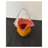 Vintage Handblown Art Glass Basket with Ruffled Rim