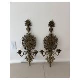 Pair of Vintage Brass Wall Sconces with Floral Decor