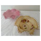 Set of 2 Vintage Ruffled Edge Glass Bowls with Floral Motif
