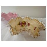 Set of 2 Vintage Ruffled Edge Glass Bowls with Floral Motif
