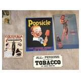 Collection of 4 Vintage Reproduction Metal Signs: Columbia, Popsicle, Red Rock Cola, Tobacco