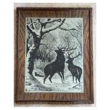 Framed Elk Woodland Scene Etching - 14" x 18"
