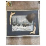 Framed Buffalo Print with Authentic Animal Bones and Fur Decoration