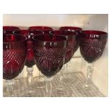 Set of 12 Vintage Ruby Red Wine Goblets with Cut Glass Design
