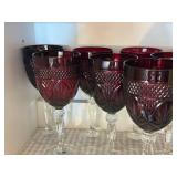 Set of 12 Vintage Ruby Red Wine Goblets with Cut Glass Design
