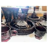 Large Collection of Avon Cape Cod 1876 Ruby Red Glassware Collection with Goblets and Pitchers
