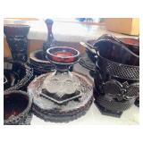 Large Collection of Avon Cape Cod 1876 Ruby Red Glassware Collection with Goblets and Pitchers