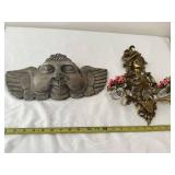 Set of 2 Decorative Wall Hanging Plaques - Angel Face and Ornate Floral Sconce